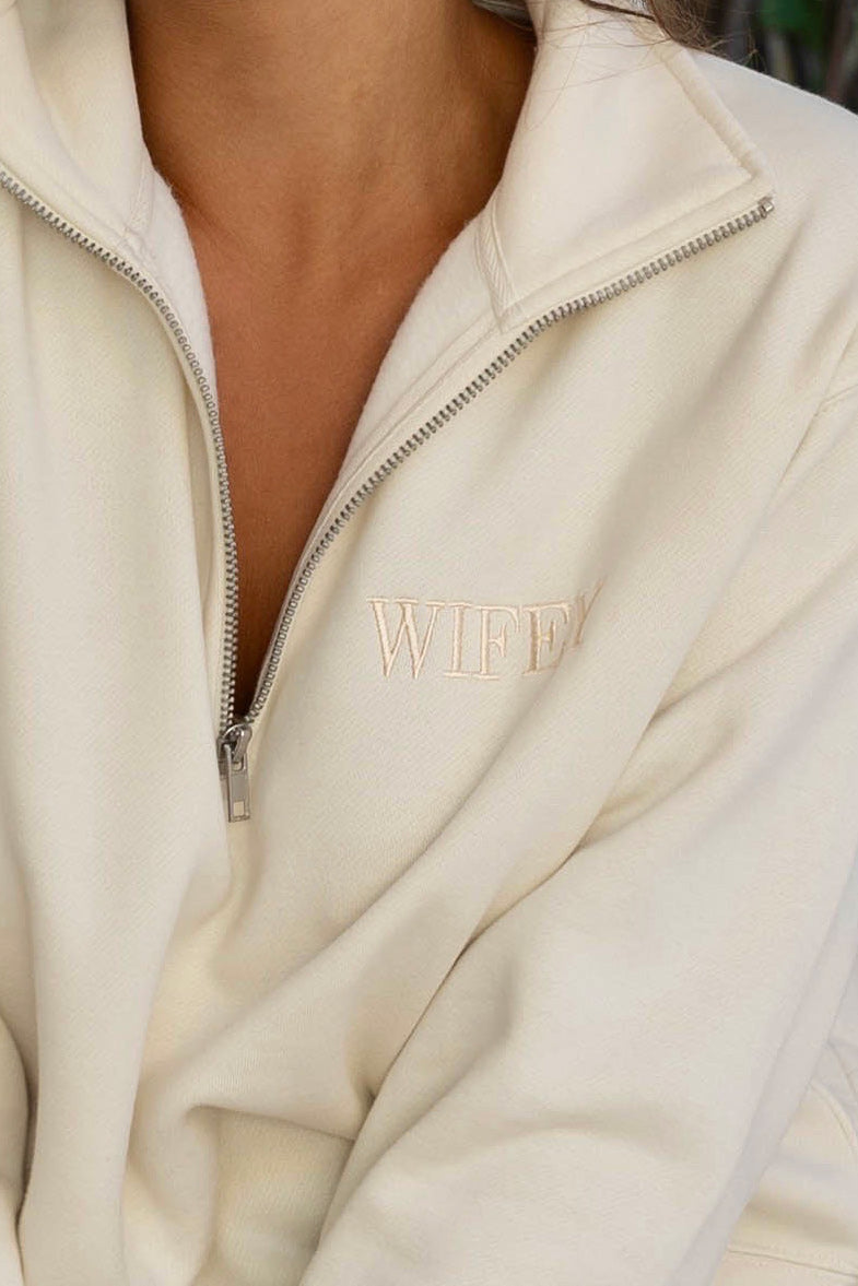 Embroidered Wifey Half Zip Sweater